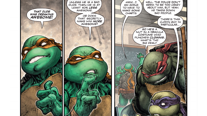 Illustration for article titled The Batman/Teenage Mutant Ninja Turtles Crossover Has Had Its Mandatory Hero Fight, and It Is Fantastic